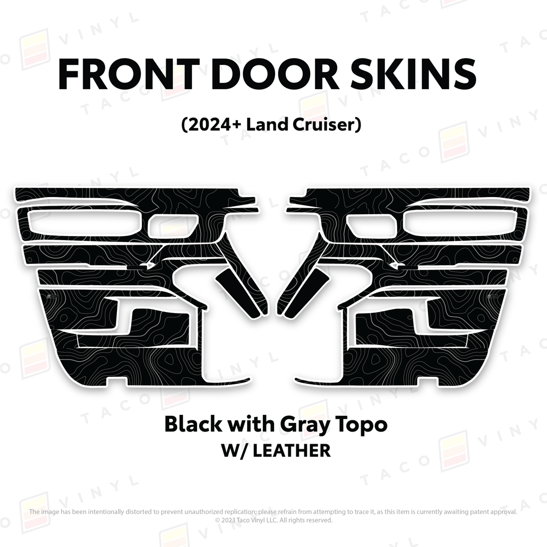 2024+ Land Cruiser 250 Door Skins | With Leather | Front Driver/Passenger | Black w/Gray Topo | Protective Vinyl