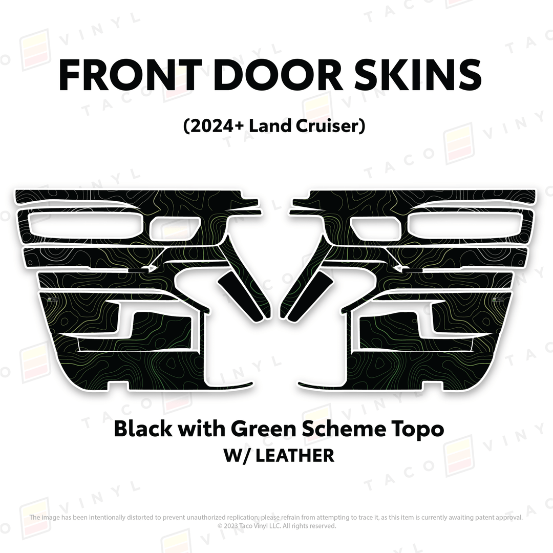 2024+ Land Cruiser 250 Door Skins | With Leather | Front Driver/Passenger | Black w/Green Scheme Topo | Protective Vinyl