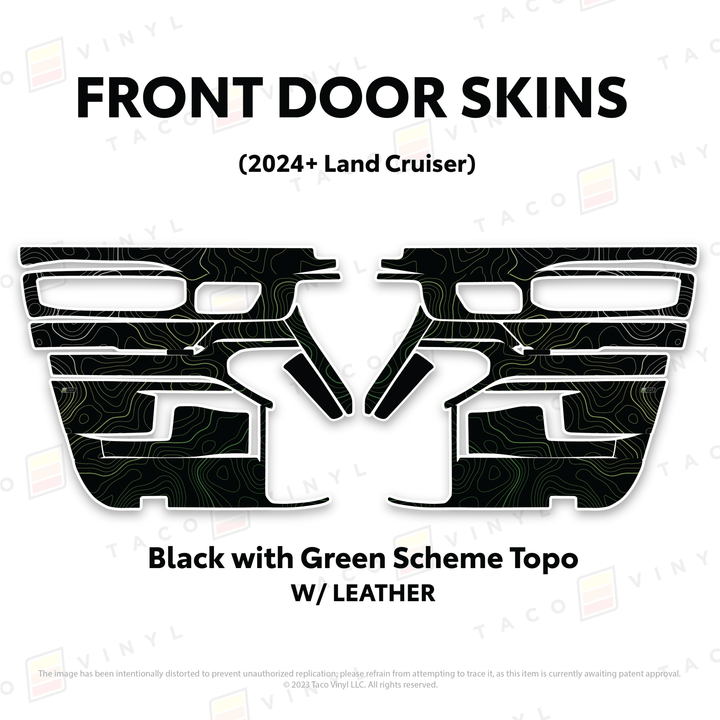2024+ Land Cruiser 250 Door Skins | With Leather | Front Driver/Passenger | Black w/Green Scheme Topo | Protective Vinyl