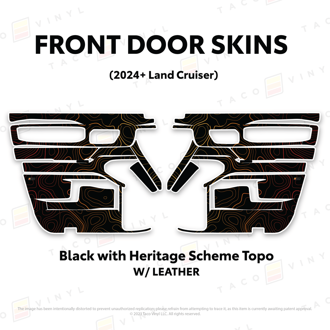 2024+ Land Cruiser 250 Door Skins | With Leather | Front Driver/Passenger | Black w/Heritage Scheme Topo | Protective Vinyl