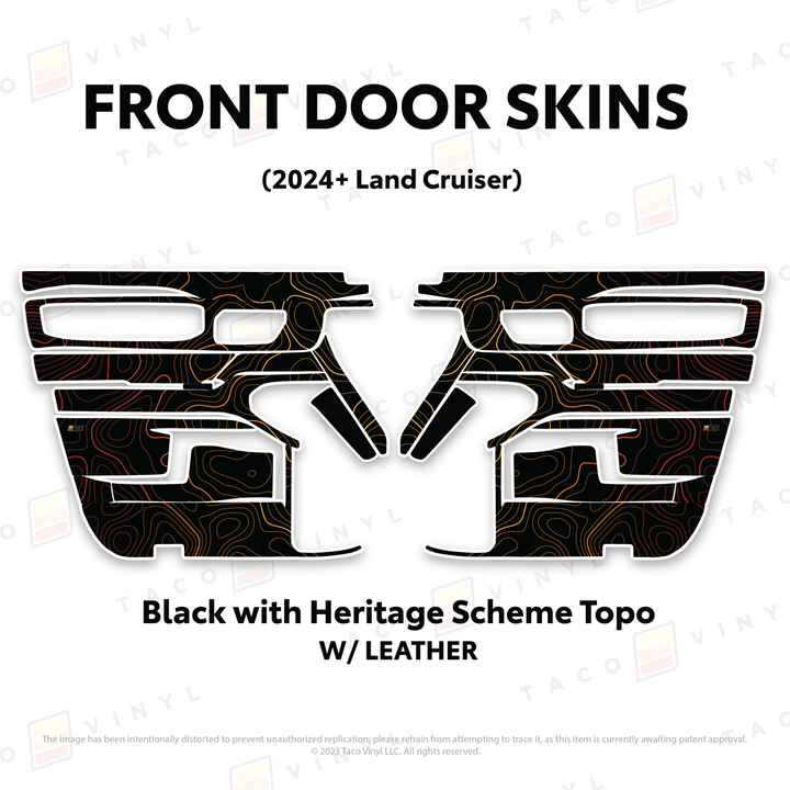 2024+ Land Cruiser 250 Door Skins | With Leather | Front Driver/Passenger | Black w/Heritage Scheme Topo | Protective Vinyl