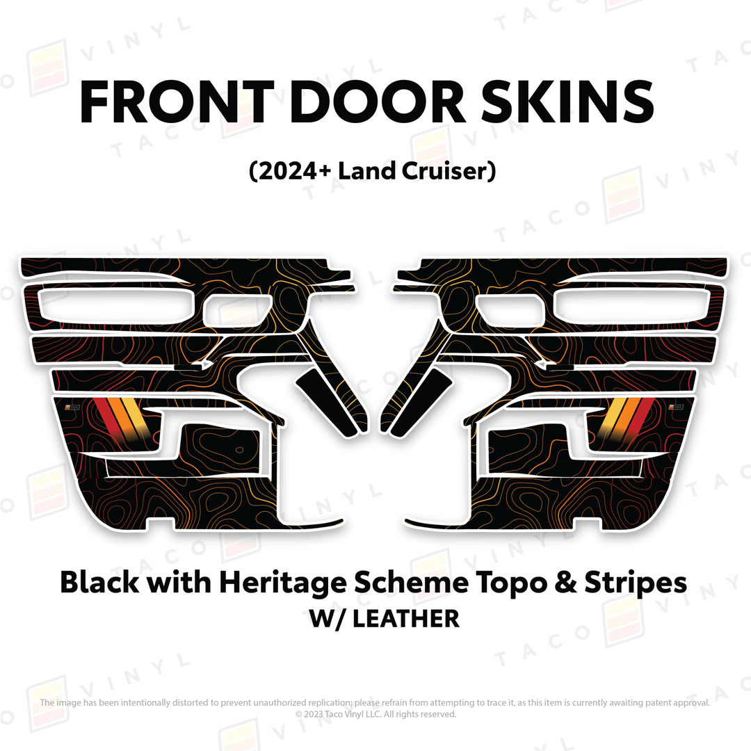 2024+ Land Cruiser 250 Door Skins | With Leather | Front Driver/Passenger | Black w/Heritage Scheme Topo & Stripes | Protective Vinyl