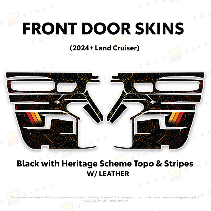 2024+ Land Cruiser 250 Door Skins | With Leather | Front Driver/Passenger | Black w/Heritage Scheme Topo & Stripes | Protective Vinyl