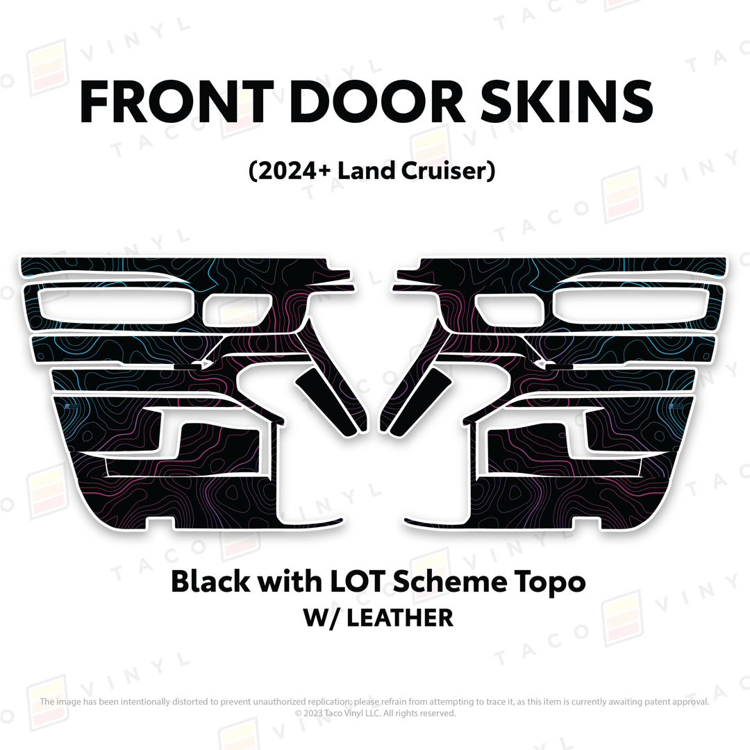 2024+ Land Cruiser 250 Door Skins | With Leather | Front Driver/Passenger | Black w/LOT Scheme Topo | Protective Vinyl