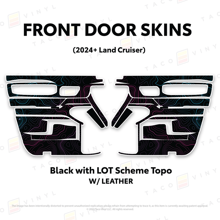 2024+ Land Cruiser 250 Door Skins | With Leather | Front Driver/Passenger | Black w/LOT Scheme Topo | Protective Vinyl