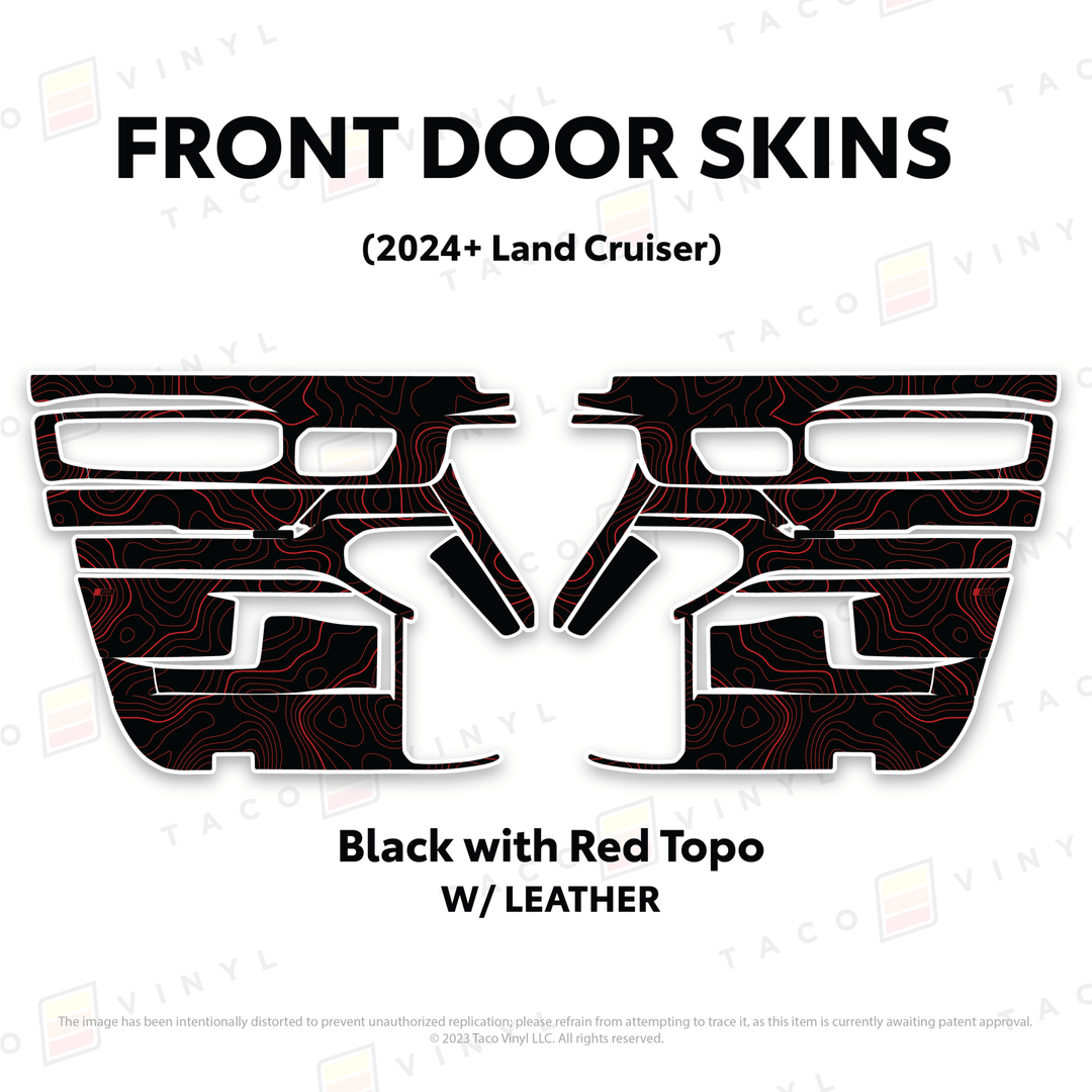 2024+ Land Cruiser 250 Door Skins | With Leather | Front Driver/Passenger | Black w/Red Topo | Protective Vinyl