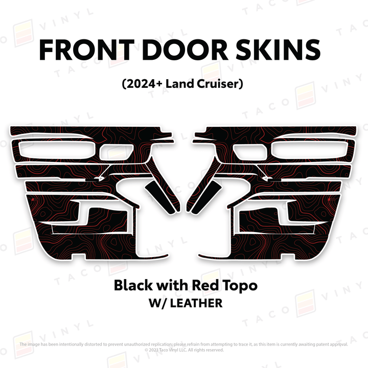 2024+ Land Cruiser 250 Door Skins | With Leather | Front Driver/Passenger | Black w/Red Topo | Protective Vinyl