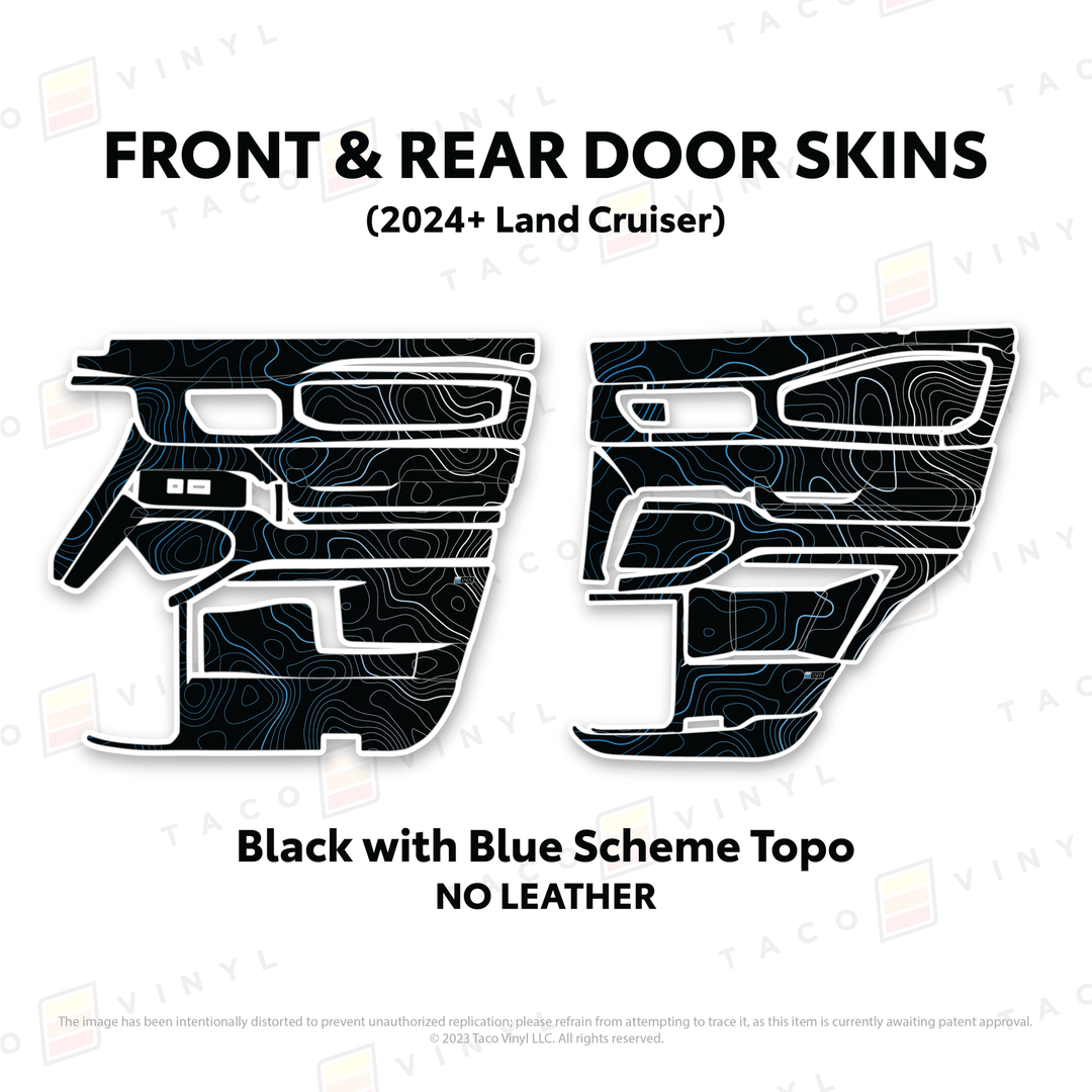 2024+ Land Cruiser 250 Door Skins | Without Leather | Front & Rear Driver/Passenger | Black w/Blue Scheme Topo | Protective Vinyl