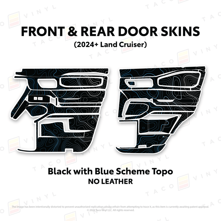 2024+ Land Cruiser 250 Door Skins | Without Leather | Front & Rear Driver/Passenger | Black w/Blue Scheme Topo | Protective Vinyl
