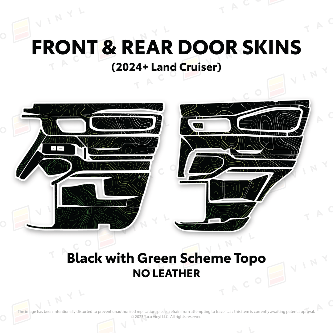 2024+ Land Cruiser 250 Door Skins | Without Leather | Front & Rear Driver/Passenger | Black w/Green Scheme Topo | Protective Vinyl