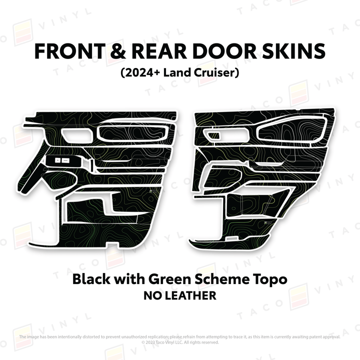 2024+ Land Cruiser 250 Door Skins | Without Leather | Front & Rear Driver/Passenger | Black w/Green Scheme Topo | Protective Vinyl