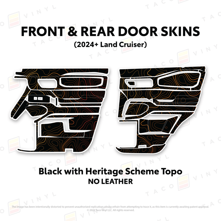 2024+ Land Cruiser 250 Door Skins | Without Leather | Front & Rear Driver/Passenger | Black w/Heritage Scheme Topo | Protective Vinyl