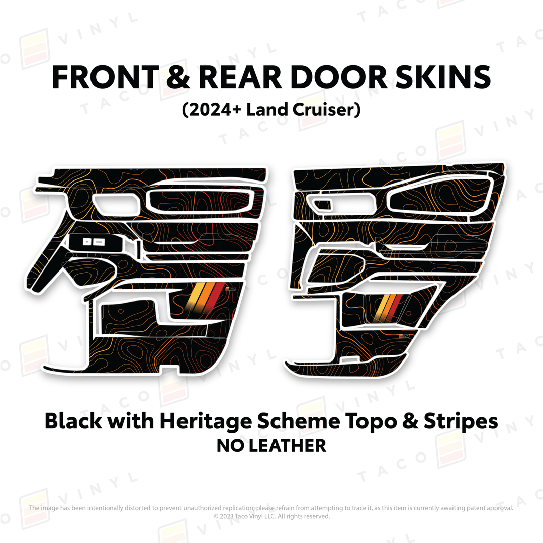 2024+ Land Cruiser 250 Door Skins | Without Leather | Front & Rear Driver/Passenger | Black w/Heritage Scheme Topo & Stripes | Protective Vinyl