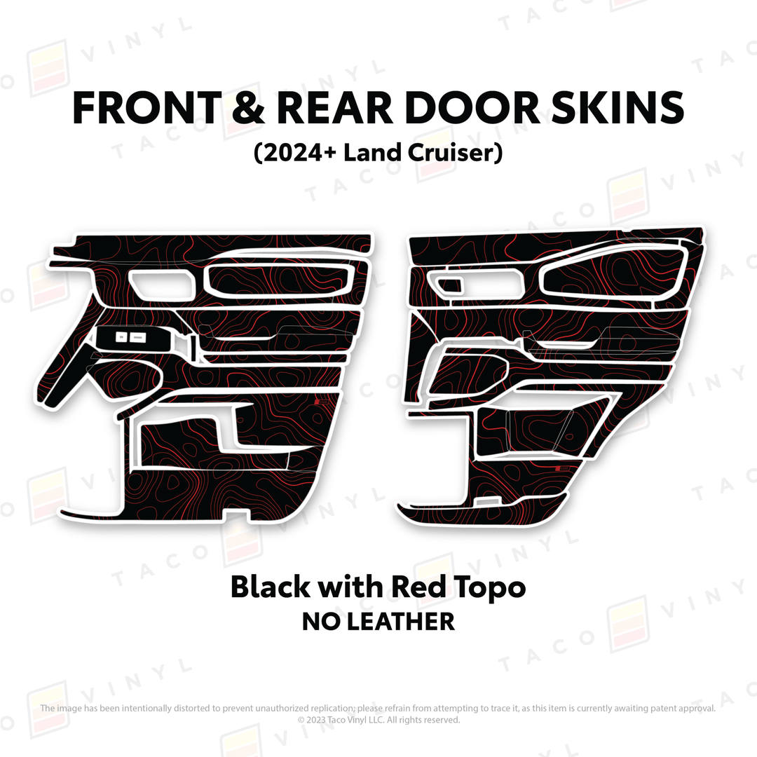 2024+ Land Cruiser 250 Door Skins | Without Leather | Front & Rear Driver/Passenger | Black w/Red Topo | Protective Vinyl