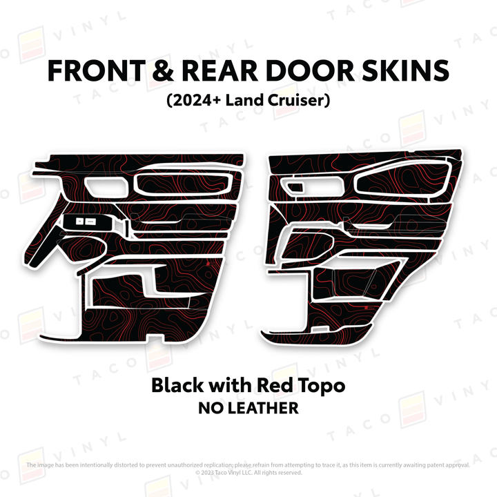 2024+ Land Cruiser 250 Door Skins | Without Leather | Front & Rear Driver/Passenger | Black w/Red Topo | Protective Vinyl