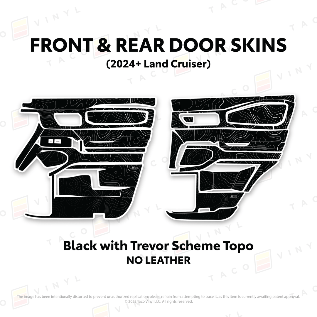 2024+ Land Cruiser 250 Door Skins | Without Leather | Front & Rear Driver/Passenger | Black w/Trevor Scheme Topo | Protective Vinyl
