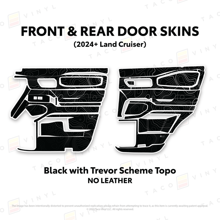 2024+ Land Cruiser 250 Door Skins | Without Leather | Front & Rear Driver/Passenger | Black w/Trevor Scheme Topo | Protective Vinyl
