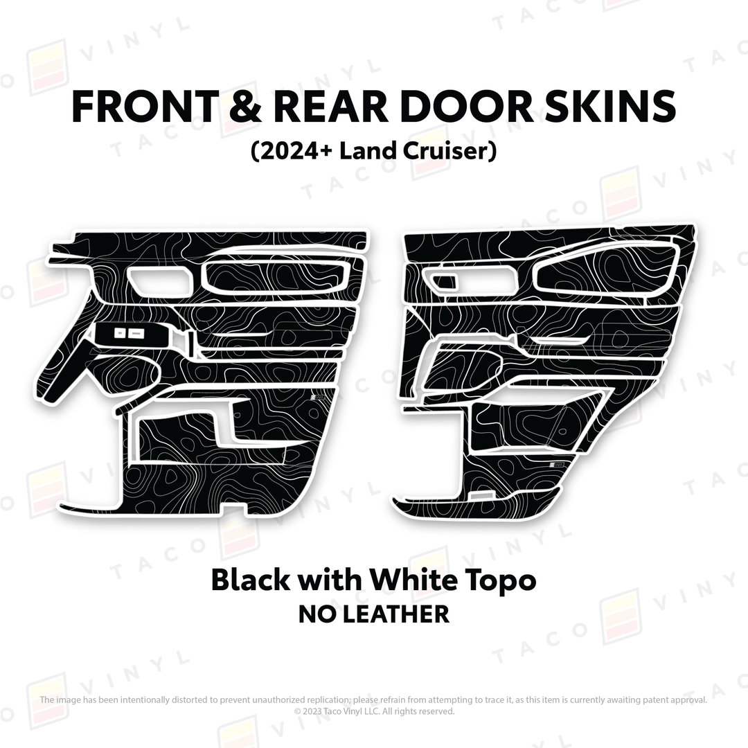 2024+ Land Cruiser 250 Door Skins | Without Leather | Front & Rear Driver/Passenger | Black w/White Topo | Protective Vinyl