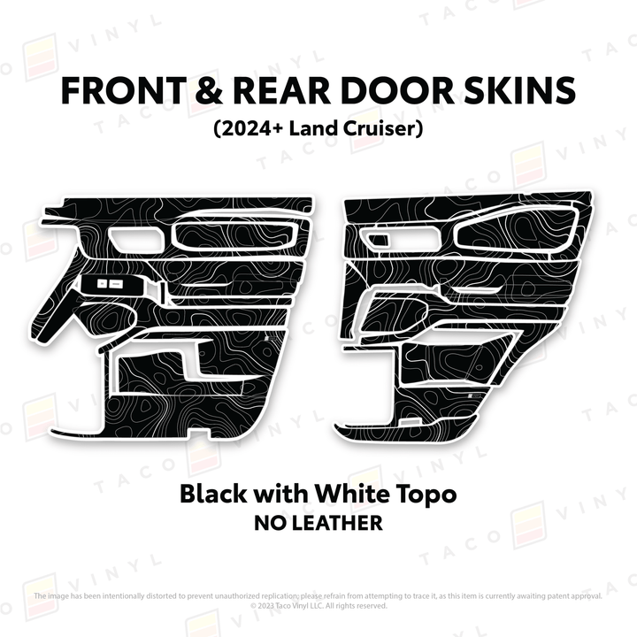 2024+ Land Cruiser 250 Door Skins | Without Leather | Front & Rear Driver/Passenger | Black w/White Topo | Protective Vinyl
