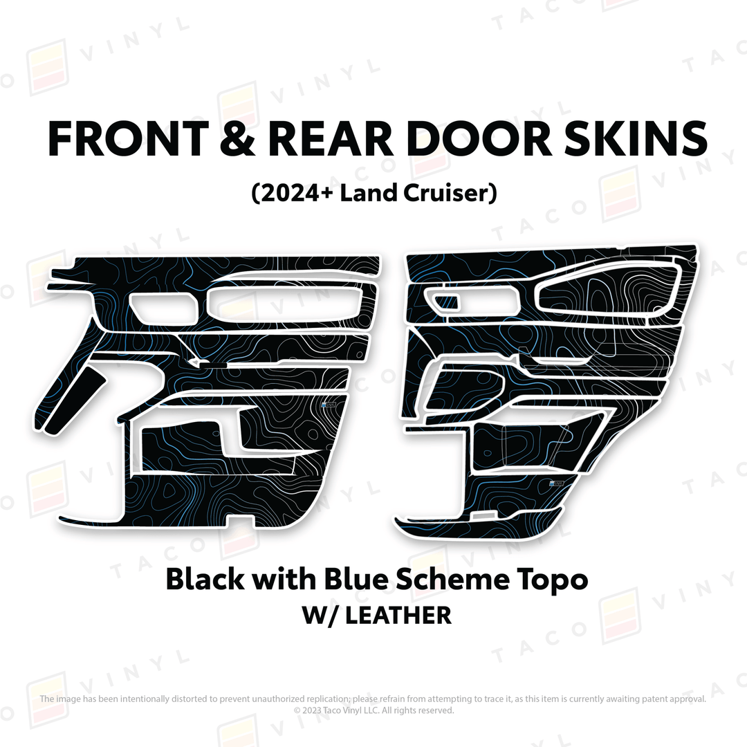 2024+ Land Cruiser 250 Door Skins | With Leather | Front & Rear Driver/Passenger | Black w/Blue Scheme Topo | Protective Vinyl