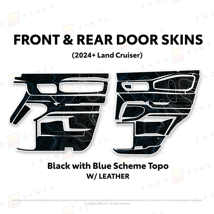2024+ Land Cruiser 250 Door Skins | With Leather | Front & Rear Driver/Passenger | Black w/Blue Scheme Topo | Protective Vinyl