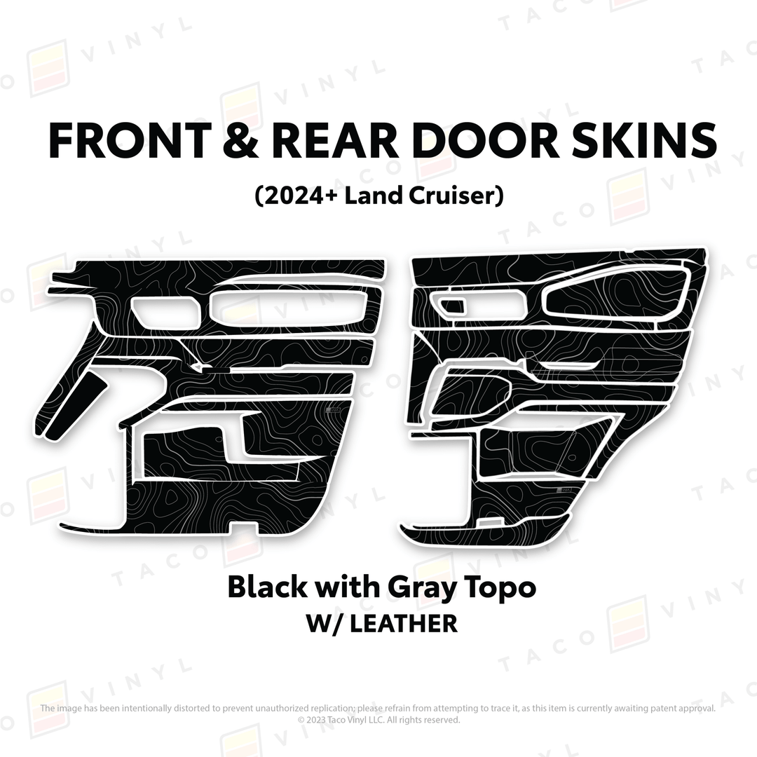 2024+ Land Cruiser 250 Door Skins | With Leather | Front & Rear Driver/Passenger | Black w/Gray Topo | Protective Vinyl