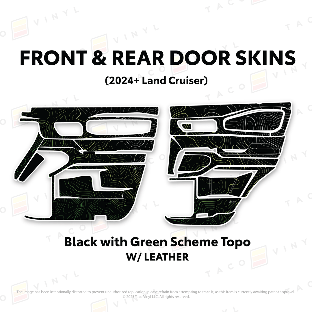 2024+ Land Cruiser 250 Door Skins | With Leather | Front & Rear Driver/Passenger | Black w/Green Scheme Topo | Protective Vinyl