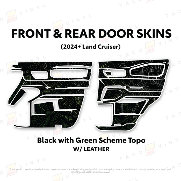 2024+ Land Cruiser 250 Door Skins | With Leather | Front & Rear Driver/Passenger | Black w/Green Scheme Topo | Protective Vinyl