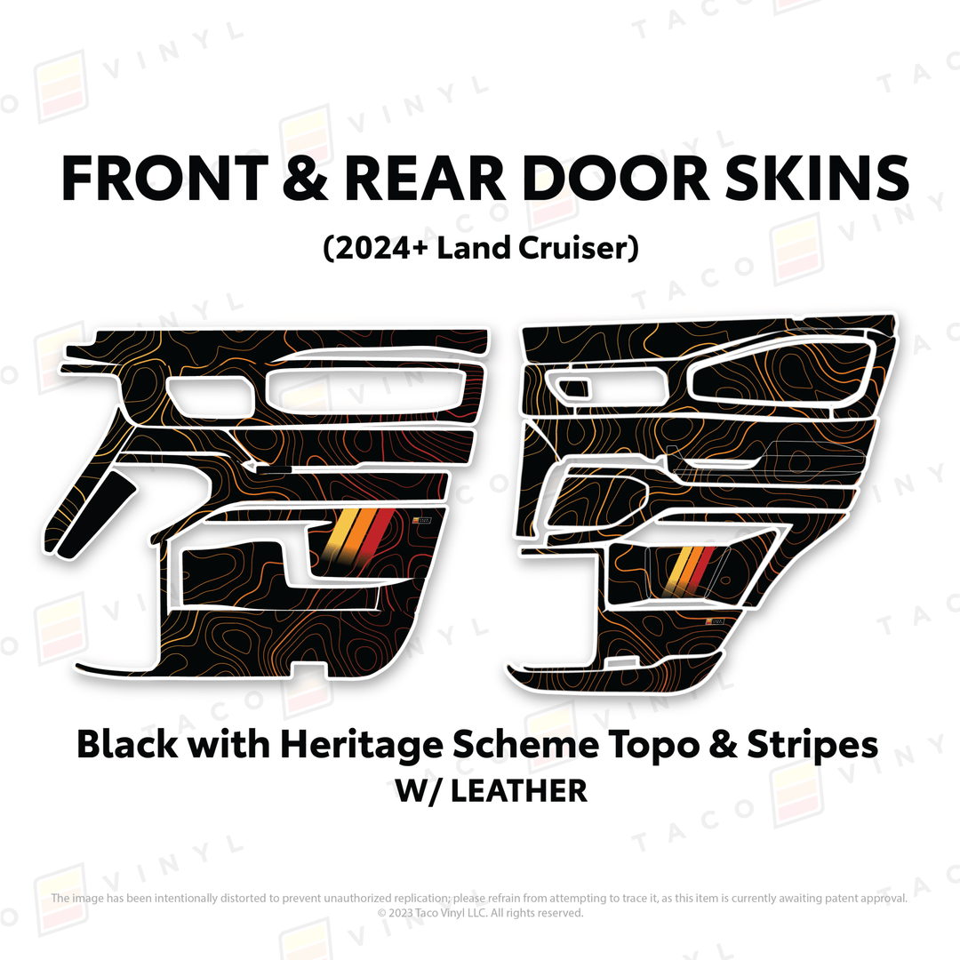 2024+ Land Cruiser 250 Door Skins | With Leather | Front & Rear Driver/Passenger | Black w/Heritage Scheme Topo & Stripes | Protective Vinyl