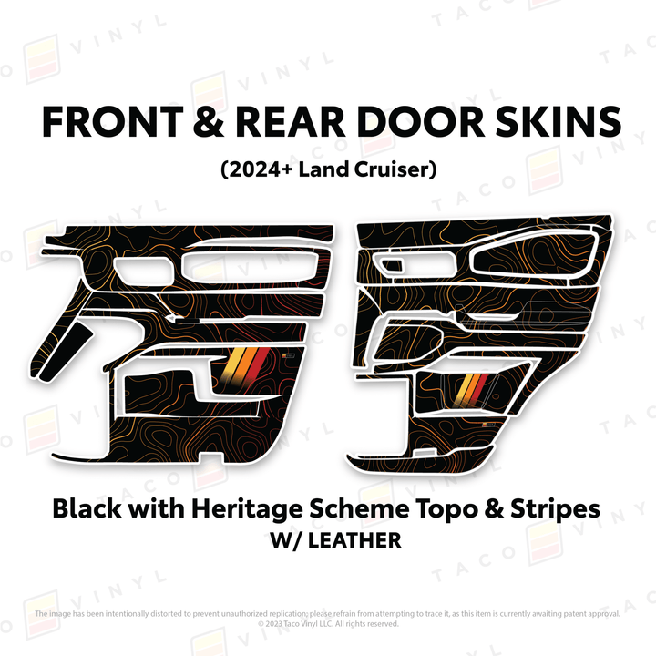 2024+ Land Cruiser 250 Door Skins | With Leather | Front & Rear Driver/Passenger | Black w/Heritage Scheme Topo & Stripes | Protective Vinyl