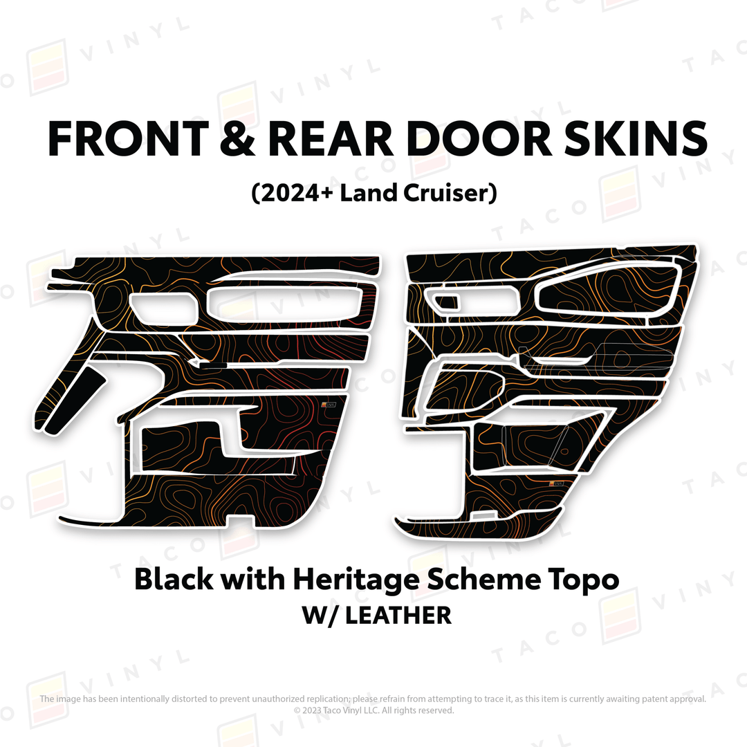 2024+ Land Cruiser 250 Door Skins | With Leather | Front & Rear Driver/Passenger | Black w/Heritage Scheme Topo | Protective Vinyl