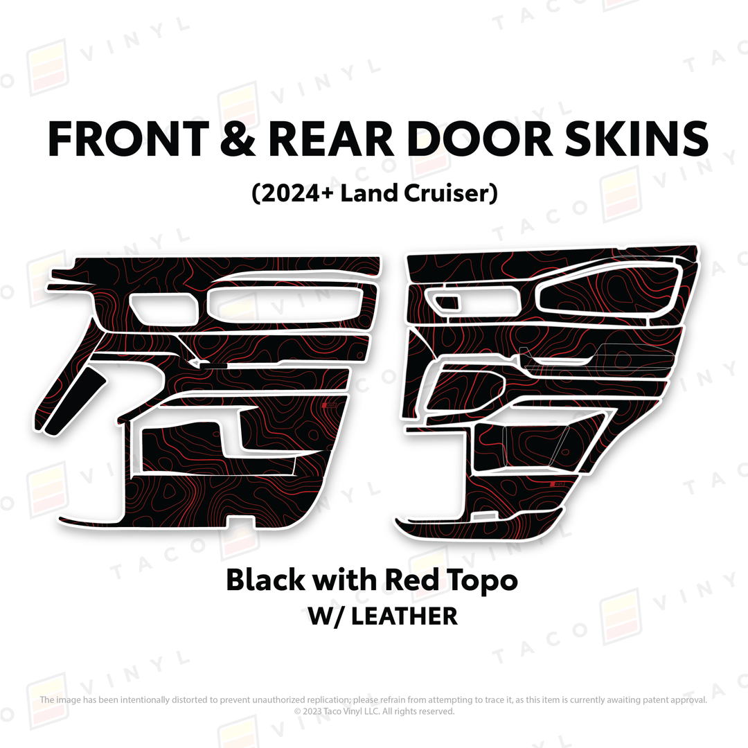 2024+ Land Cruiser 250 Door Skins | With Leather | Front & Rear Driver/Passenger | Black w/Red Topo | Protective Vinyl