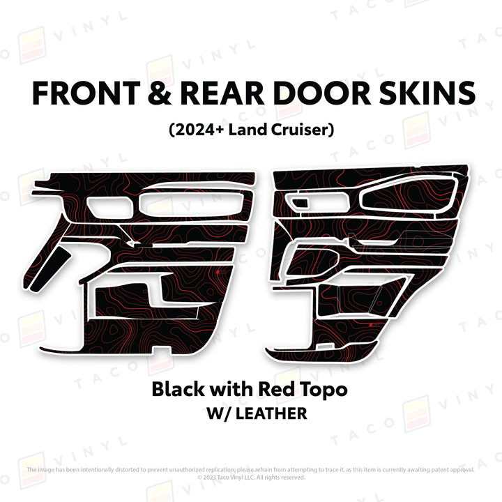 2024+ Land Cruiser 250 Door Skins | With Leather | Front & Rear Driver/Passenger | Black w/Red Topo | Protective Vinyl