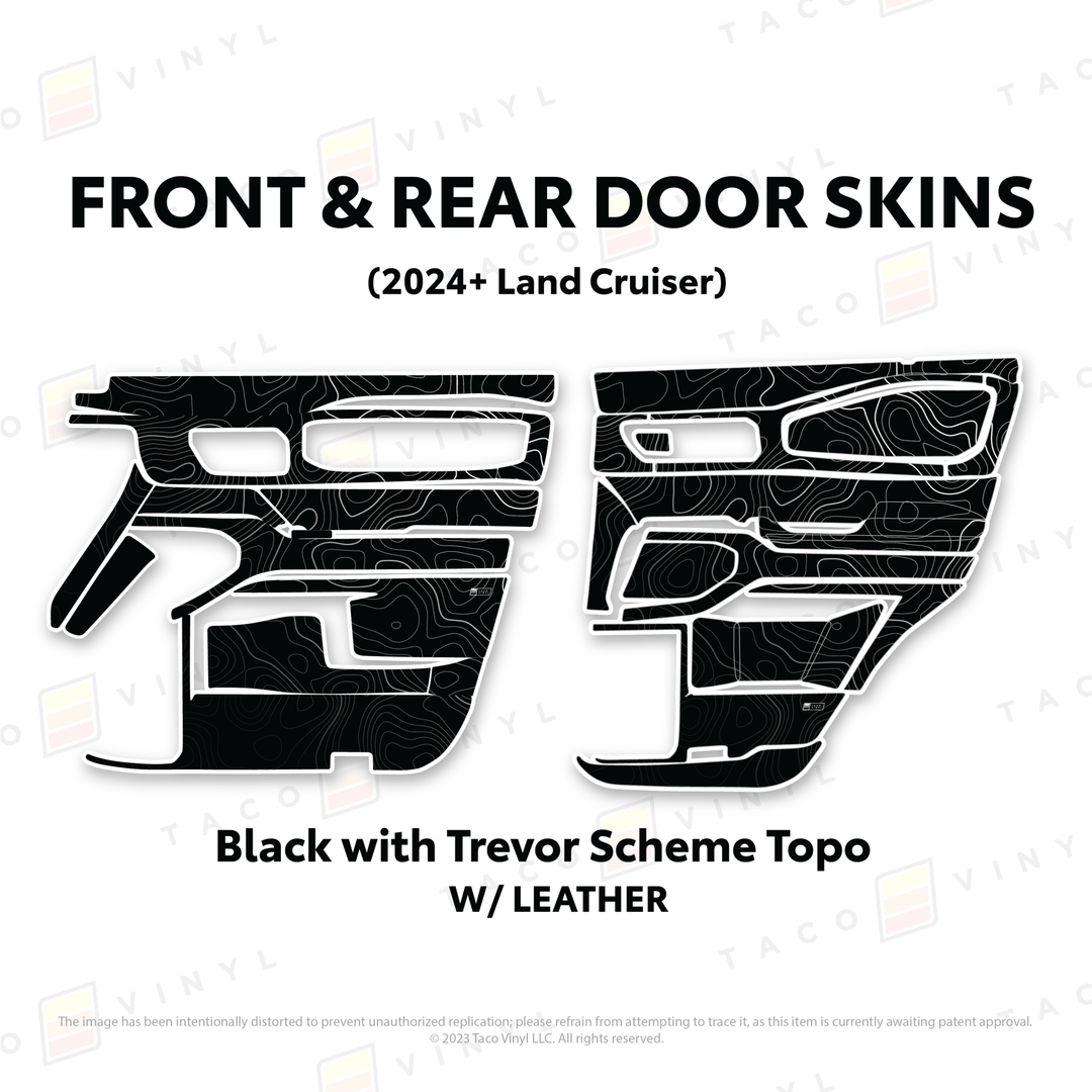 2024+ Land Cruiser 250 Door Skins | With Leather | Front & Rear Driver/Passenger | Black w/Trevor Scheme Topo | Protective Vinyl