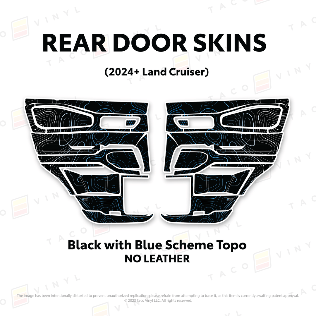 2024+ Land Cruiser 250 Door Skins | Without Leather | Rear Driver/Passenger | Black w/Blue Scheme Topo | Protective Vinyl