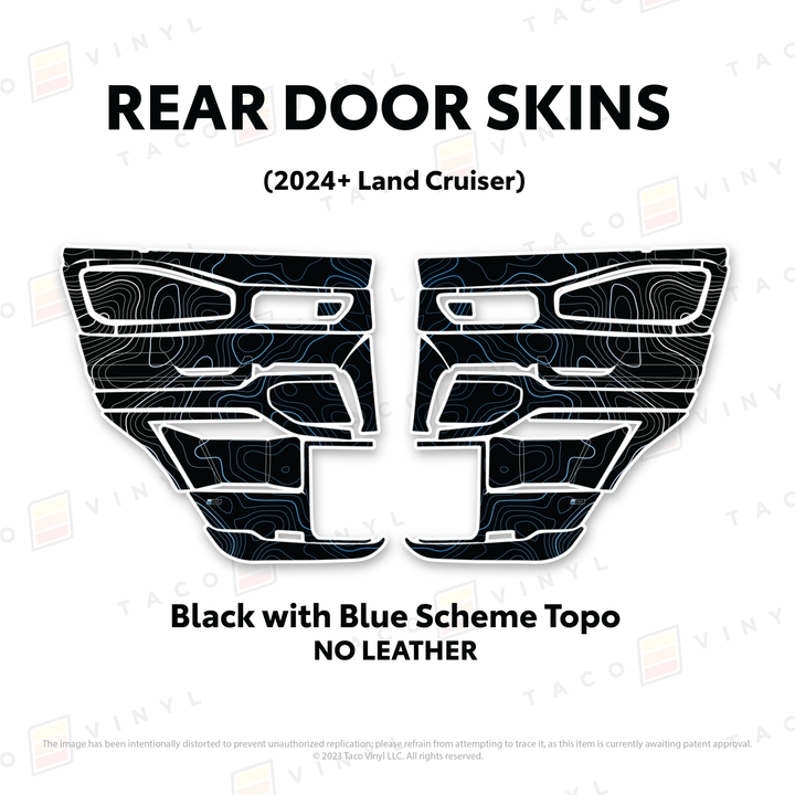 2024+ Land Cruiser 250 Door Skins | Without Leather | Rear Driver/Passenger | Black w/Blue Scheme Topo | Protective Vinyl
