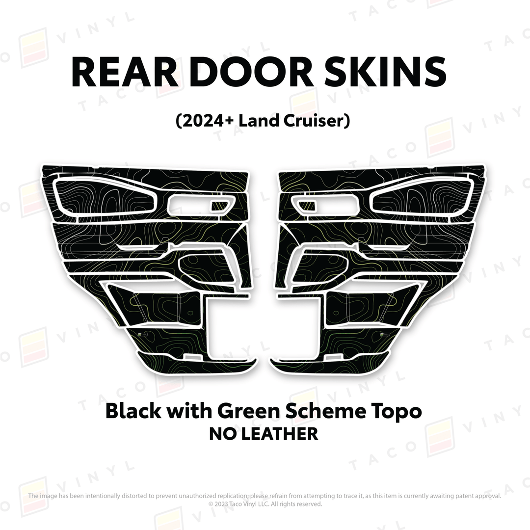 2024+ Land Cruiser 250 Door Skins | Without Leather | Rear Driver/Passenger | Black w/Green Scheme Topo | Protective Vinyl
