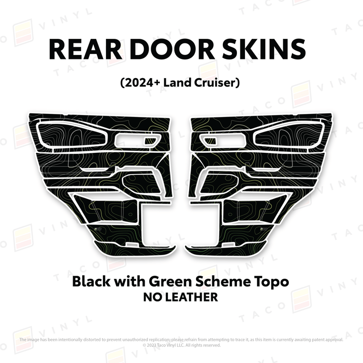 2024+ Land Cruiser 250 Door Skins | Without Leather | Rear Driver/Passenger | Black w/Green Scheme Topo | Protective Vinyl