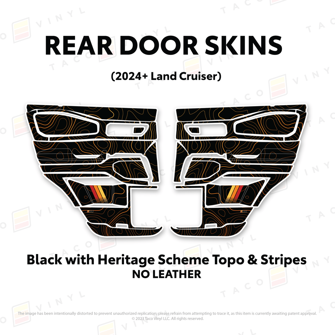 2024+ Land Cruiser 250 Door Skins | Without Leather | Rear Driver/Passenger | Black w/Heritage Scheme Topo & Stripes | Protective Vinyl