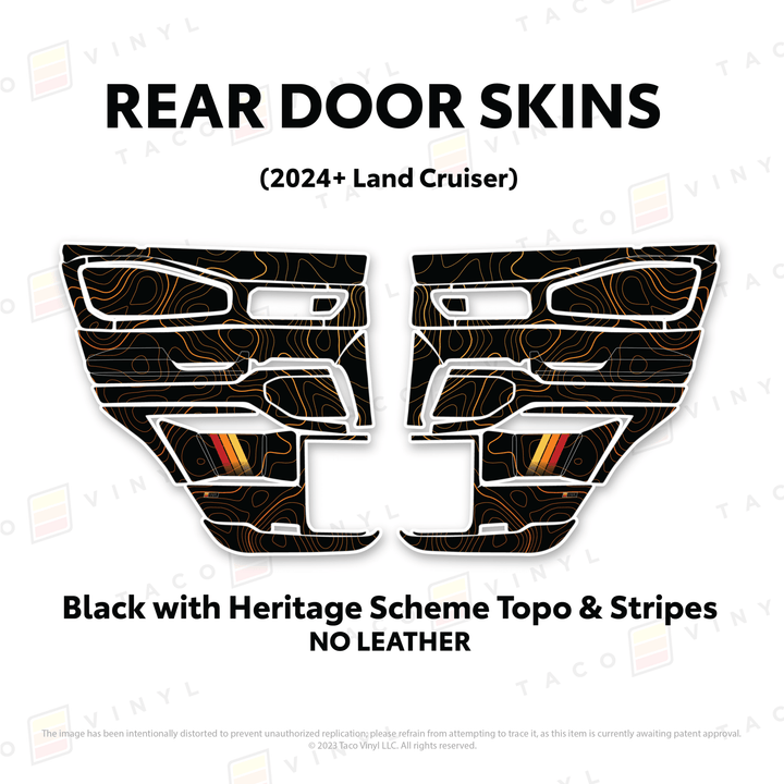 2024+ Land Cruiser 250 Door Skins | Without Leather | Rear Driver/Passenger | Black w/Heritage Scheme Topo & Stripes | Protective Vinyl