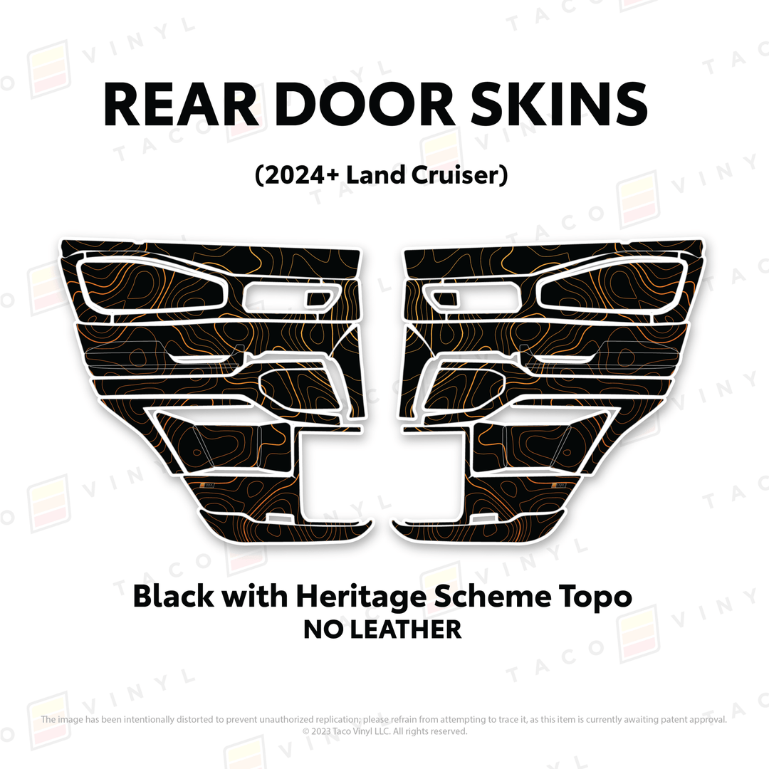 2024+ Land Cruiser 250 Door Skins | Without Leather | Rear Driver/Passenger | Black w/Heritage Scheme Topo | Protective Vinyl