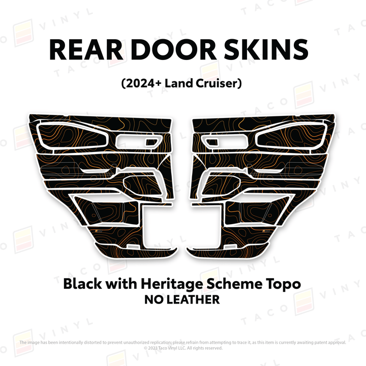 2024+ Land Cruiser 250 Door Skins | Without Leather | Rear Driver/Passenger | Black w/Heritage Scheme Topo | Protective Vinyl