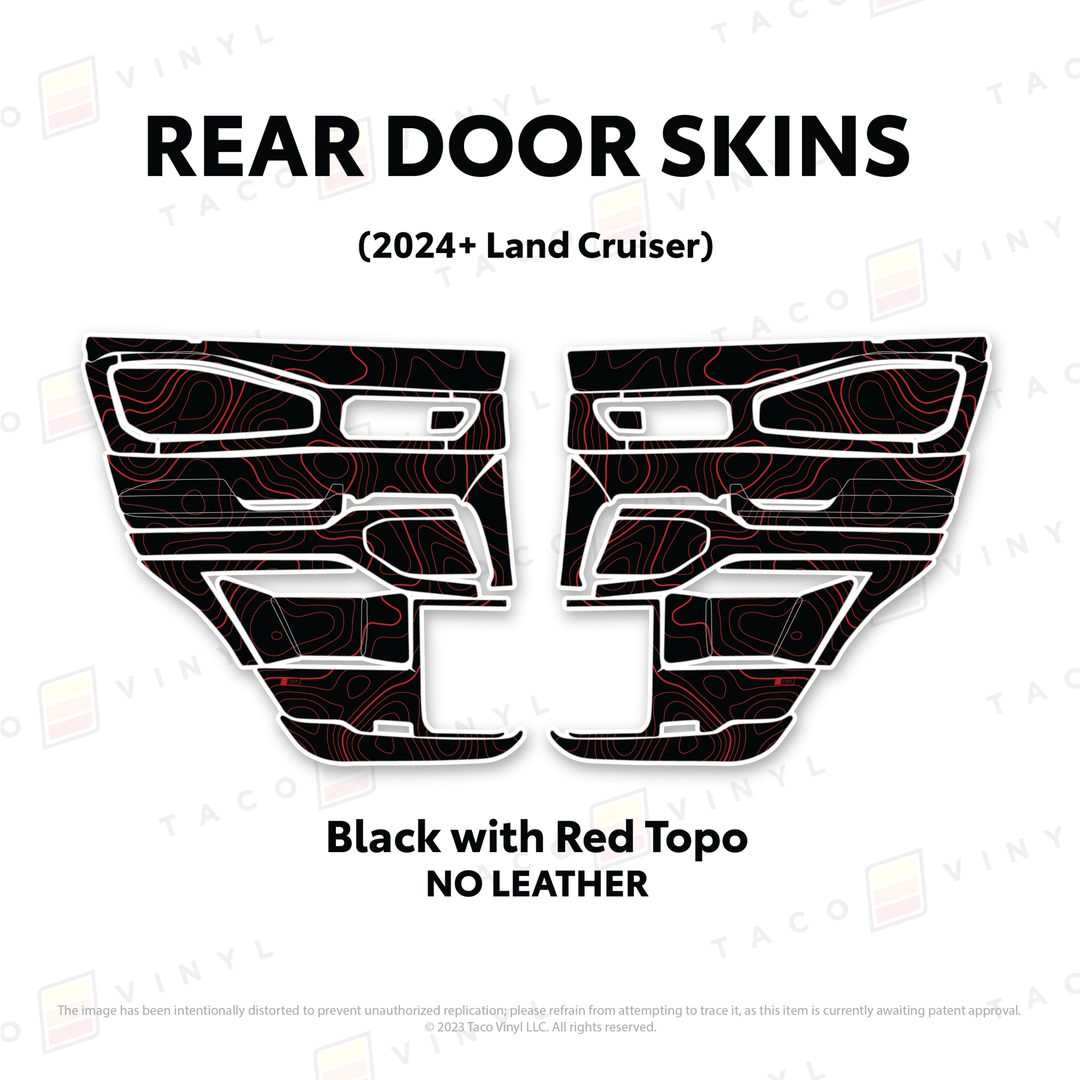 2024+ Land Cruiser 250 Door Skins | Without Leather | Rear Driver/Passenger | Black w/Red Topo | Protective Vinyl