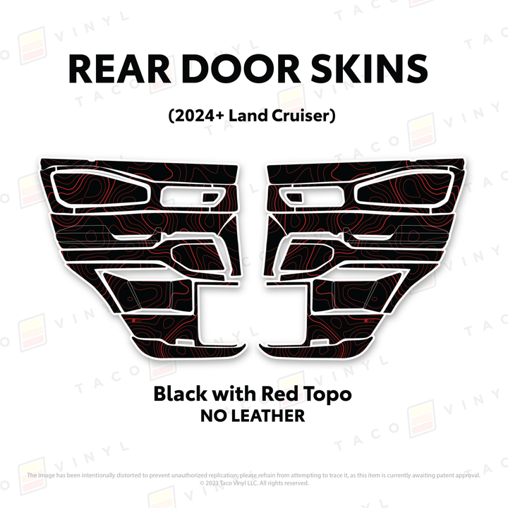 2024+ Land Cruiser 250 Door Skins | Without Leather | Rear Driver/Passenger | Black w/Red Topo | Protective Vinyl