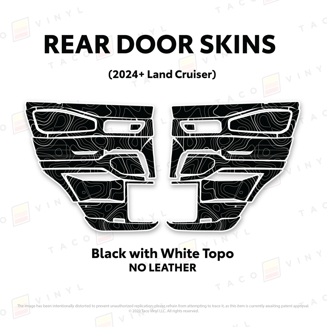 2024+ Land Cruiser 250 Door Skins | Without Leather | Rear Driver/Passenger | Black w/White Topo | Protective Vinyl