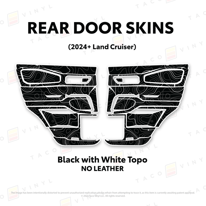 2024+ Land Cruiser 250 Door Skins | Without Leather | Rear Driver/Passenger | Black w/White Topo | Protective Vinyl