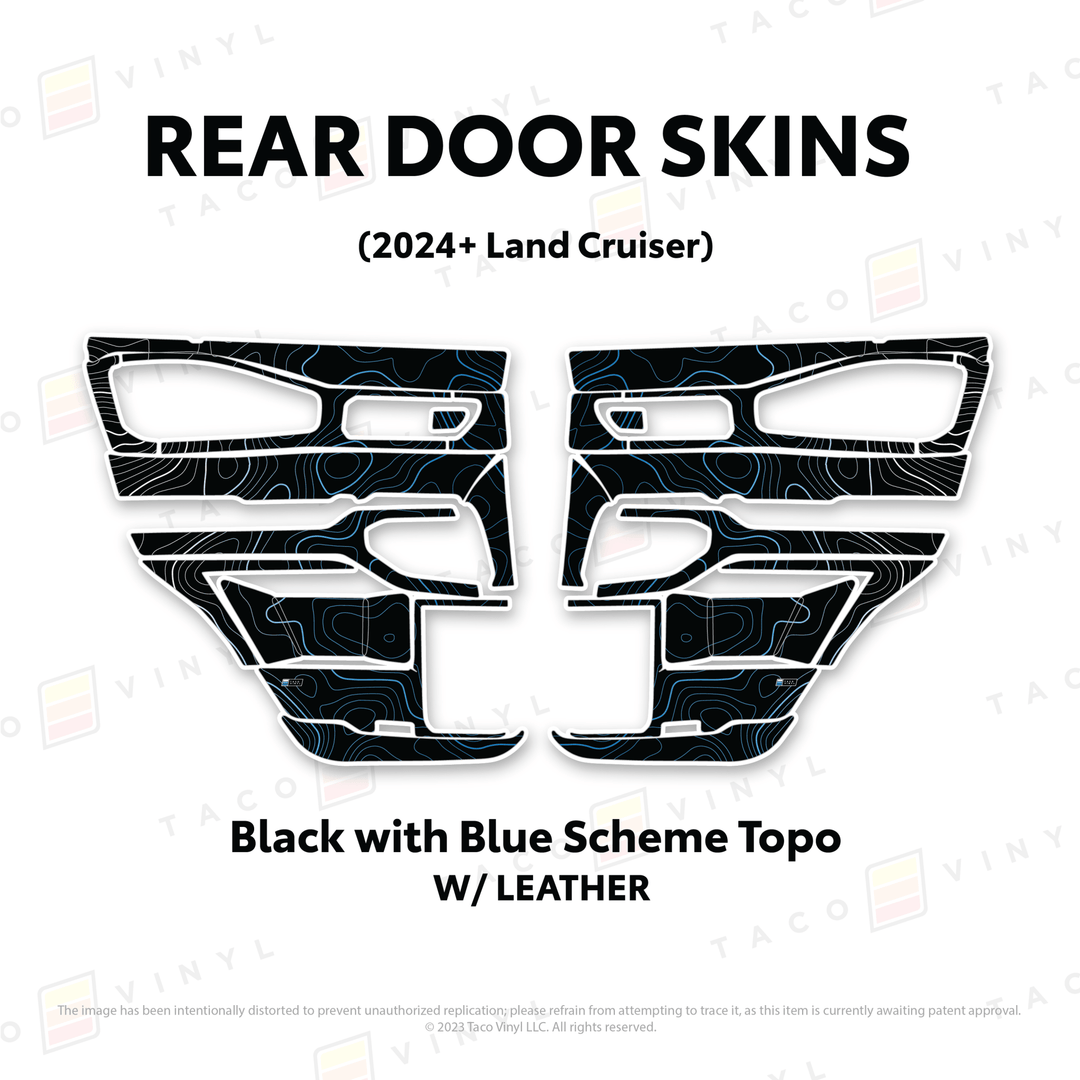 2024+ Land Cruiser 250 Door Skins | With Leather | Rear Driver/Passenger | Black w/Blue Scheme Topo | Protective Vinyl