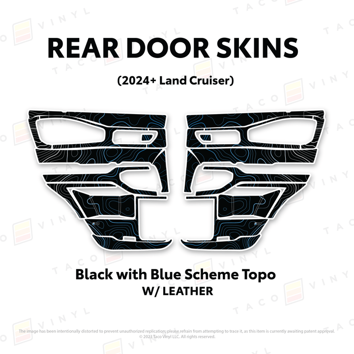 2024+ Land Cruiser 250 Door Skins | With Leather | Rear Driver/Passenger | Black w/Blue Scheme Topo | Protective Vinyl