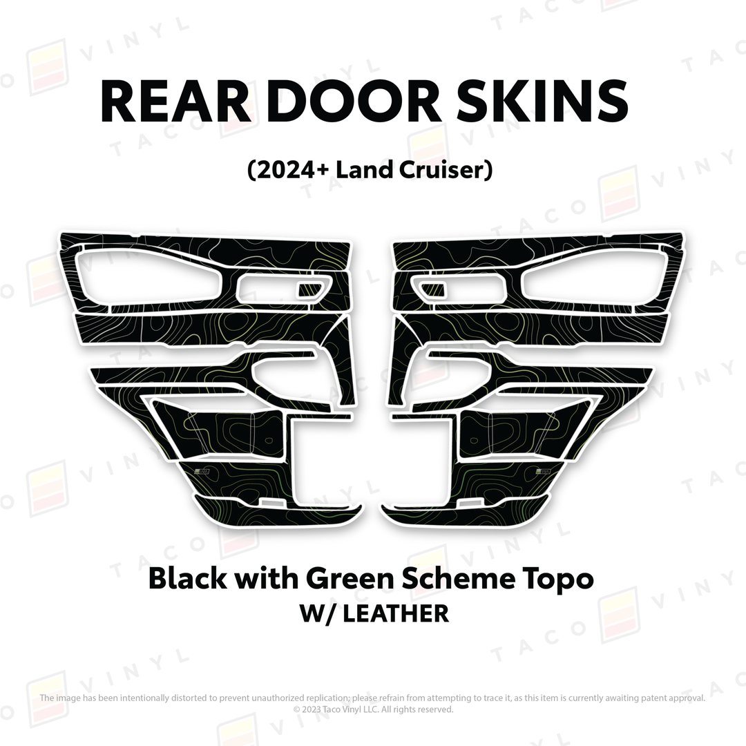 2024+ Land Cruiser 250 Door Skins | With Leather | Rear Driver/Passenger | Black w/Green Scheme Topo | Protective Vinyl