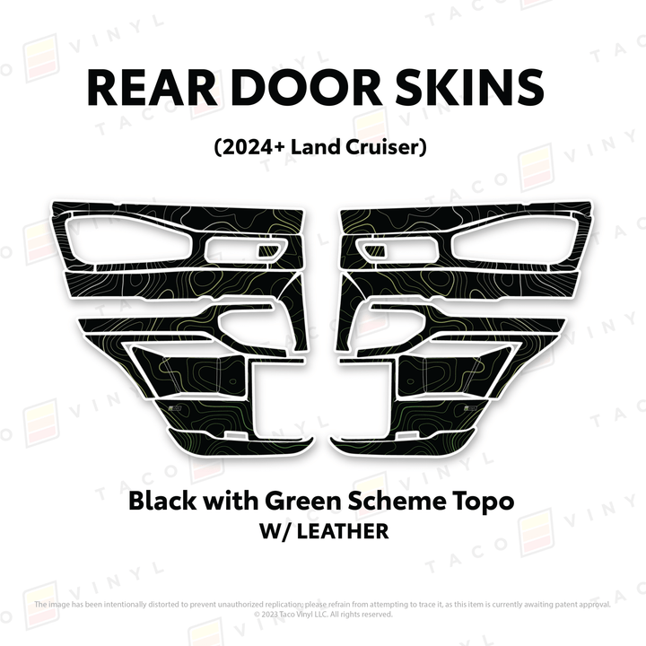 2024+ Land Cruiser 250 Door Skins | With Leather | Rear Driver/Passenger | Black w/Green Scheme Topo | Protective Vinyl